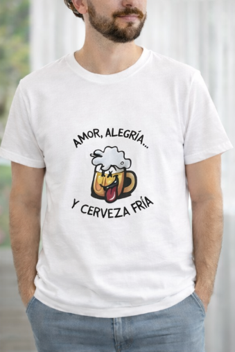 Camiseta unisex de poliéster "amor, alegría y cerveza fría"