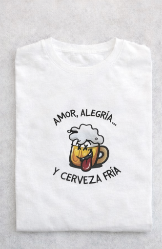 Camiseta unisex de poliéster "amor, alegría y cerveza fría"
